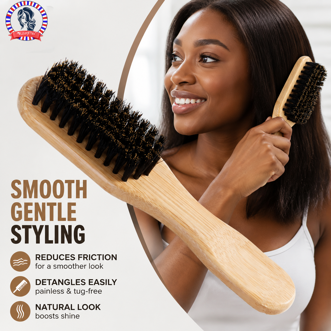 Bamboo Hair Brush - Bamboo Wood Bristle Brush Reduces Friction